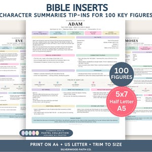 May include: A set of Bible inserts featuring character summaries for 100 key figures. The pages include sections for overview, key facts, biblical significance, and reflection questions. Text includes Adam, Eve, and Moses. Includes 5x7, Half Letter, and A5 sizes.