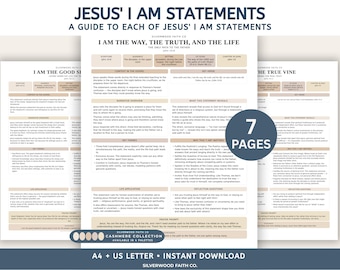 Könnte beinhalten: Ein siebenseitiger digitaler Leitfaden mit dem Titel Jesus' I Am Statements, der detaillierte theologische Analysen, Bibelstellen und Reflexionsfragen auf weißem Hintergrund mit beigen Akzenten enthält, verfügbar in A4 und US Letter.