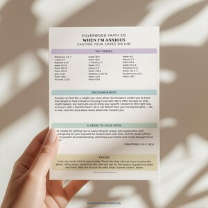 May include: A rectangular white card titled WHEN I'M ANXIOUS CASTING YOUR CARES ON HIM by SILVERWOOD FAITH CO. It features sections for KEY VERSES, ENCOURAGEMENT, A VERSE TO HOLD ONTO, and PRAYER, with text printed in black and coloured pastel headers.