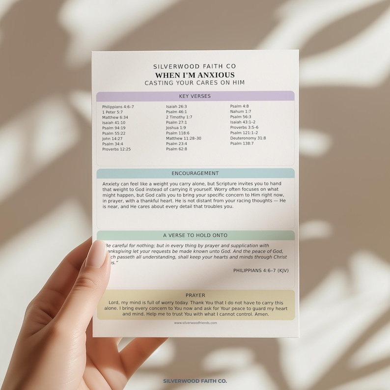 May include: A rectangular white card titled WHEN I'M ANXIOUS CASTING YOUR CARES ON HIM by SILVERWOOD FAITH CO. It features sections for KEY VERSES, ENCOURAGEMENT, A VERSE TO HOLD ONTO, and PRAYER, with text printed in black and coloured pastel headers.
