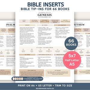 May include: A set of Bible inserts for 66 books featuring summaries, key themes, characters, timelines, and reflection questions. The pages include text for Genesis, Psalms, and Matthew, with labels for 5x7, Half Letter, and A5 sizes.