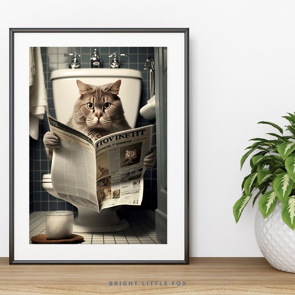 Cat Sitting on the Toilet Reading a Newspaper, Funny Toilet Poster, Restroom Poster Decor, Guest Bathroom Decor, Toilet Humor Printable Art