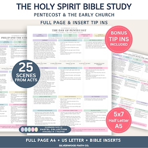 May include: A collection of printed Bible study pages titled The Holy Spirit Bible Study, featuring Pentecost and the Early Church. The documents include 25 scenes from Acts, bonus tip-ins, and are available in 5x7, half letter, and A5 sizes.