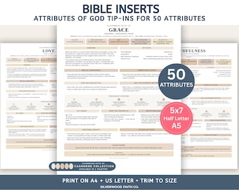 Könnte beinhalten: Ein Set aus druckbaren Bibeleinlagen mit dem Titel Attributes of God Tip-Ins for 50 Attributes, die detaillierte theologische Informationen auf den Seiten Grace, Love und Faithfulness enthalten, mit 5x7, Half Letter und A5 Größenoptionen.