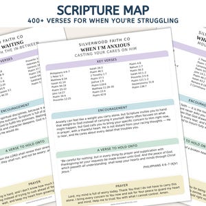 May include: Three white informational sheets titled Scripture Map 400+ Verses For When You're Struggling. Each sheet features sections labelled Key Verses, Encouragement, A Verse To Hold Onto, and Prayer, with specific text for waiting, anxiety, and grieving.