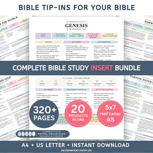 May include: A digital Bible study insert bundle featuring pastel-colored informational sheets with text including Genesis, Creation of the World, Yahweh, The Mustard Seed, and Turning Water into Wine. Includes 320+ pages, 20 products, and A4, US Letter, and 5x7 sizes.
