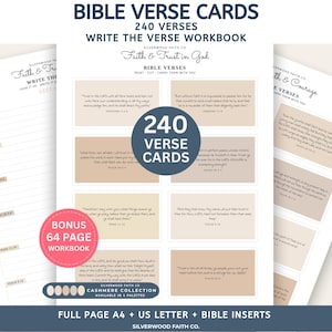 May include: A set of printable Bible verse cards and a 64-page workbook titled Faith & Trust in God. The collection includes 240 verse cards in various beige and tan shades, formatted for A4 and US Letter paper, featuring the Silverwood Faith Co brand.