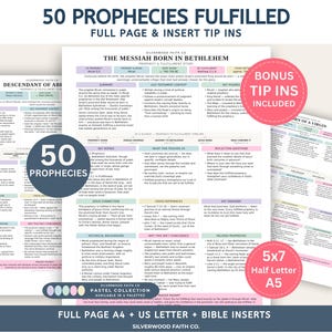 Könnte beinhalten: Eine Sammlung druckbarer Studienblätter mit dem Titel 50 Prophecies Fulfilled, die detaillierte Texte zu biblischen Prophezeiungen, historischem Kontext und Reflexionsfragen enthalten. Beinhaltet A4-Seiten und 13x18 cm Einlagen.
