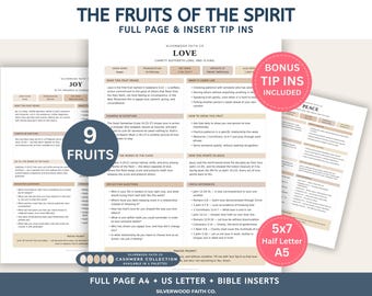 Könnte beinhalten: Ein Set aus druckbaren Bibelstudienseiten mit dem Titel The Fruits of the Spirit, die Abschnitte zu Liebe, Freude und Frieden enthalten. Die Dokumente umfassen Bibelstellen, Reflexionsfragen und Gebetsimpulse in einem klaren Layout.