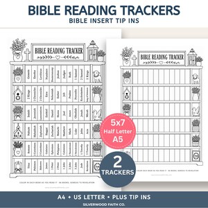 May include: Two black and white printable Bible reading trackers featuring a bookshelf design with labelled book spines from Genesis to Revelation, decorative plants, and lanterns. Includes text labels 5x7, Half Letter, A5, and 2 Trackers.
