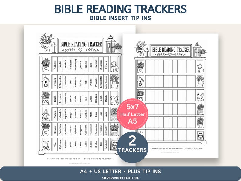 May include: Two black and white printable Bible reading trackers featuring a bookshelf design with labelled book spines from Genesis to Revelation, decorative plants, and lanterns. Includes text labels 5x7, Half Letter, A5, and 2 Trackers.