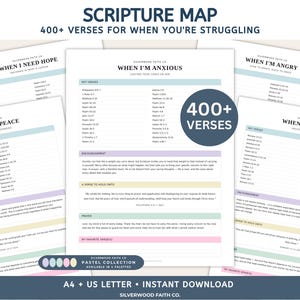 May include: A collection of printable scripture map documents titled Scripture Map 400+ Verses For When You're Struggling. The pages feature categorized lists of Bible verses, encouragement sections, and prayers, with pastel accents and clear black text.