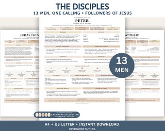 Könnte beinhalten: Ein Set aus drei Informationsblättern mit dem Titel The Disciples, 13 Men, One Calling, Followers of Jesus. Jedes Blatt beschreibt einen bestimmten Jünger, darunter Petrus, Judas Iskariot und Matthäus, mit Abschnitten zu Überblick und Fakten.