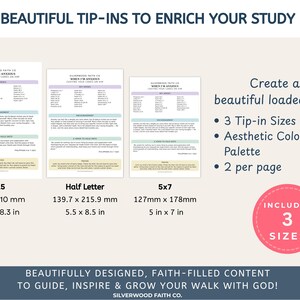 May include: Three printable tip-in sheets titled When I'm Anxious, Casting Your Cares on Him by Silverwood Faith Co. Sizes include A5 (148 x 210 mm), Half Letter (139.7 x 215.9 mm), and 5x7 (127 x 178 mm). Text includes aesthetic colour palette details.