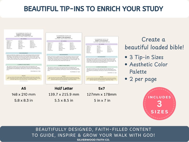 May include: Three printable tip-in sheets titled When I'm Anxious, Casting Your Cares on Him by Silverwood Faith Co. Sizes include A5 (148 x 210 mm), Half Letter (139.7 x 215.9 mm), and 5x7 (127 x 178 mm). Text includes aesthetic colour palette details.