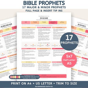 以下が含まれることがあります： BIBLE PROPHETS 17 MAJOR & MINOR PROPHETSと題された印刷可能な学習シートのセット。ページには、イザヤ、エレミヤ、ダニエルのための整理されたチャートがあり、ピンク、黄色、オレンジ色の主要なテーマ、登場人物、年表のセクションが含まれています。