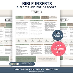Pode incluir: Um conjunto de encartes bíblicos com fichas para 66 livros, incluindo Gênesis, Salmos e Mateus. As páginas contêm resumos, temas-chave, personagens, cronologias, versículos e perguntas de reflexão em uma paleta de cores verde sálvia e bege.