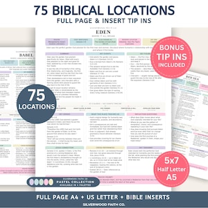 May include: A collection of 75 biblical location study sheets featuring detailed summaries, key events, and reflection questions. The documents include full-page layouts and 5x7 inch, half-letter, and A5 size inserts with pastel color-coded sections.