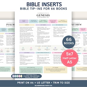 May include: A set of Bible inserts featuring tip-ins for 66 books, including Genesis, Psalms, and Matthew. The pages contain summaries, key themes, characters, timelines, verses, and reflection questions in pastel colors. Text includes 5x7, Half Letter, A5.