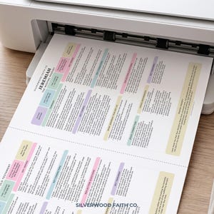 May include: A white printer feeding a printed document titled Jeremiah The Weeping Prophet and Isaiah The Gospel of the Old Testament. The document features organised sections with pastel-coloured headers, black text, and bullet points for study.