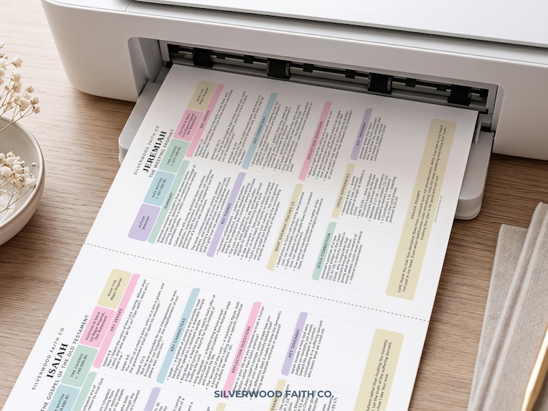 May include: A white printer feeding a printed document titled Jeremiah The Weeping Prophet and Isaiah The Gospel of the Old Testament. The document features organised sections with pastel-coloured headers, black text, and bullet points for study.