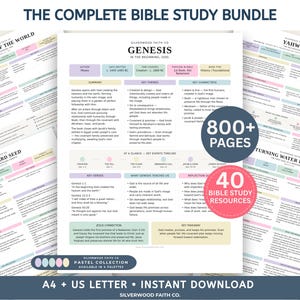 May include: A digital Bible study bundle featuring multiple printable pages with pastel-colored headers and sections. The central document is titled Genesis, with other sheets titled Creation of the World, Yahweh, The Mustard Seed, and Turning Water into Wine.