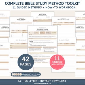 Può includere: Un kit completo di strumenti per lo studio della Bibbia con 11 fogli di lavoro guidati e 42 pagine. Il documento include sezioni per lo studio induttivo OIA, lo studio delle parole, la mappatura dei versetti, il metodo SOAP e il riassunto.