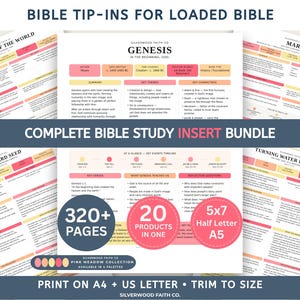Peut inclure: Un ensemble d'inserts pour étude biblique numérique comprenant plus de 320 pages, 20 produits en un, et des formats 5x7, Half Letter et A5. Les pages incluent du texte comme Genesis, Creation of the World, Mary, The Mustard Seed et Turning Water into Wine.