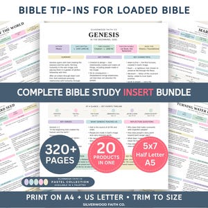 Op de afbeelding: Een digitale bijbelstudie-invoegbundel met pastelkleurige koppen en secties. De centrale pagina toont informatie over Genesis, terwijl de omliggende pagina's onderwerpen als Maria en het mosterdzaad behandelen. De tekst bevat 320+ pagina's, 20 producten in één en 5x7 half letter A5.