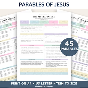 May include: A collection of 45 printable study sheets titled Parables of Jesus, featuring detailed breakdowns of biblical stories like The Lost Sheep and The Mustard Seed. Each page includes scripture references, key themes, and reflection questions.