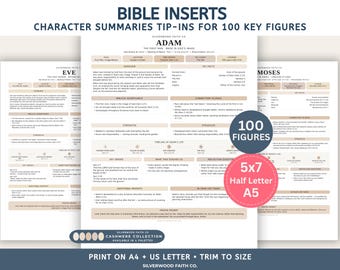 Könnte beinhalten: Ein Set aus druckbaren Bibeleinlagen mit Charakterzusammenfassungen für 100 Schlüsselfiguren. Die Seiten enthalten Abschnitte für Überblick, Fakten, biblische Bedeutung, Stärken, Kämpfe und Reflexionsfragen, mit Textangaben zu 5x7, Half Letter und A5 Formaten.