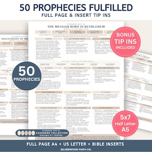 Puede incluir: Una colección de hojas de estudio impresas tituladas 50 Prophecies Fulfilled, que presentan texto detallado sobre profecías bíblicas, contexto histórico y cronologías de cumplimiento, incluyendo secciones para reflexión y oración con insertos.