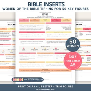 May include: A set of printable Bible inserts featuring 50 key women of the Bible, including pages for Eve, Rahab, and Ruth. The documents contain sections for overview, key facts, strengths, struggles, and prayer prompts, with a 5x7, half letter, and A5 size.