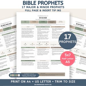 以下が含まれることがあります： BIBLE PROPHETS 17 MAJOR & MINOR PROPHETSと題された印刷可能な聖書学習シートのセット。文書にはセージグリーンとベージュのアクセントが付いた整理されたセクションがあり、要約、主要なテーマ、預言者の年表が含まれています。