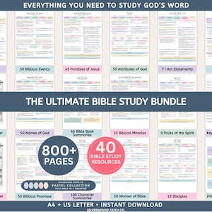 May include: A digital Bible study bundle featuring 800+ pages and 40 resources. The collection includes trackers, summaries, and lists like Armor of God, 50 Biblical Events, and 11 Bible Study Methods. Text includes Everything You Need To Study God's Word.