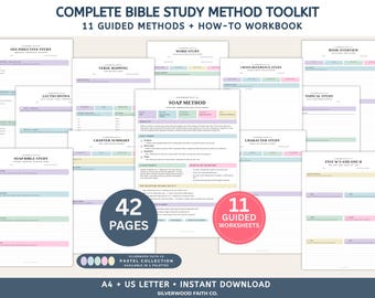 May include: A complete Bible study method toolkit featuring 11 guided worksheets and a how-to workbook. The collection includes 42 pages with pastel-colored sections for methods like SOAP, OIA, and verse mapping. Available in US Letter size.