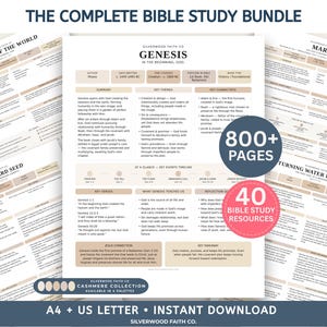 May include: A digital Bible study bundle featuring multiple printable pages with beige and white layouts. Text includes The Complete Bible Study Bundle, Genesis, 800+ Pages, 40 Bible Study Resources, A4 + US Letter, and Instant Download.