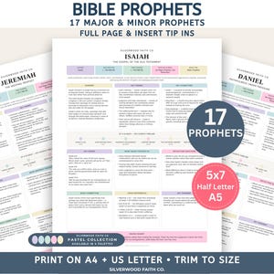 以下が含まれることがあります： 17人の主要および小預言者を紹介する「Bible Prophets」と題された印刷可能な聖書研究シートのセット。文書には、イザヤ、エレミヤ、ダニエルのセクションが含まれており、パステルカラーのヘッダー、主要なテーマ、年表が5x7、A5、A4サイズで記載されています。