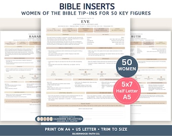 Könnte beinhalten: Ein Set aus druckbaren Bibeleinlagen mit dem Titel Women of the Bible Tip-Ins for 50 Key Figures. Die Seiten enthalten detaillierte biografische Informationen, Zeitstrahlen und Reflexionsfragen zu Figuren wie Eva, Rahab und Ruth im A5-Format.