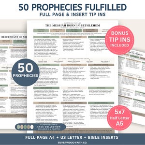 Op de afbeelding: Een set gedrukte studiebladen getiteld 50 Prophecies Fulfilled, met gedetailleerde tekst, grafieken en tabellen over bijbelse profetieën. De documenten bevatten secties zoals The Messiah Born in Bethlehem, met saliegroene en bruine accenten. De pagina's zijn beschikbaar in A4, US Letter en 13x18 cm formaten.