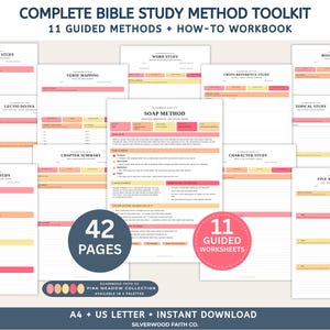 Puede incluir: Un kit completo de métodos de estudio bíblico con 11 métodos guiados y un libro de trabajo de 42 páginas. Las hojas de trabajo imprimibles incluyen títulos como SOAP Method, Verse Mapping y OIA Inductive Study, con detalles en rosa y amarillo.