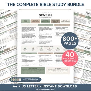 Op de afbeelding: Een digitaal bijbelstudiepakket met meerdere printbare pagina's met saliegroene en beige accenten. Het centrale document is getiteld Genesis, met secties voor samenvatting, thema's, personages en een tijdlijn. Tekst bevat 800+ pagina's en 40 bronnen.