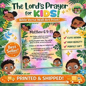 Colorful children’s Christian wall art featuring The Lord’s Prayer from Matthew 6:9–13, illustrated with diverse African American kids and tropical foliage. High-quality printed Bible verse poster for kids’ bedrooms, nurseries, Sunday school classrooms, homeschool decor, and faith-based gifts. Printed and shipped kids Christian art, bright, joyful, and educational.
Mini Saints Supplies