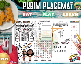 May include: A printable 11x17 inch placemat with a Purim theme. The placemat features a maze, a word search, a dot-to-dot activity, and a colouring page. The placemat is decorated with a colourful design and includes the words "Eat, Play, Learn".