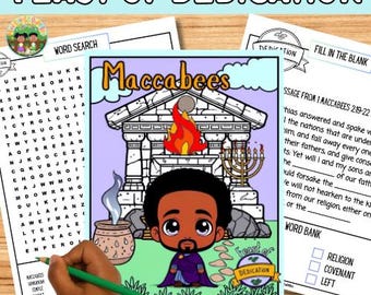 May include: Educational activity sheets with the text "Feast of Dedication" and "Maccabees." The image features a cartoon character, a word search, and a fill-in-the-blank exercise. A hand holds a green pencil.