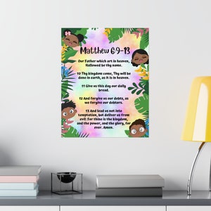 Colorful children’s Christian wall art featuring The Lord’s Prayer from Matthew 6:9–13, illustrated with diverse African American kids and tropical foliage. High-quality printed Bible verse poster for kids’ bedrooms, nurseries, Sunday school classrooms, homeschool decor, and faith-based gifts. Printed and shipped kids Christian art, bright, joyful, and educational.