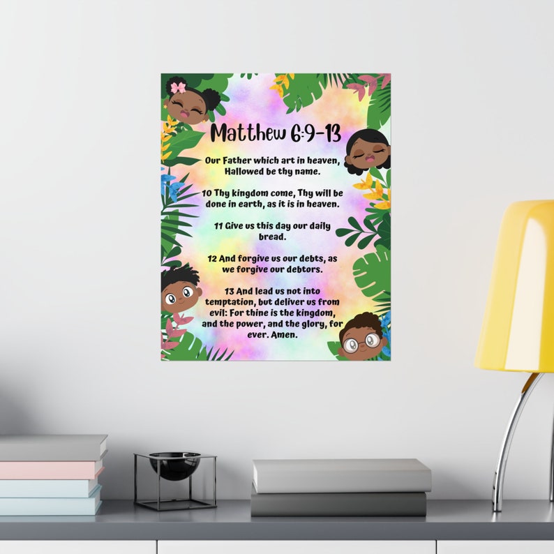Colorful children’s Christian wall art featuring The Lord’s Prayer from Matthew 6:9–13, illustrated with diverse African American kids and tropical foliage. High-quality printed Bible verse poster for kids’ bedrooms, nurseries, Sunday school classrooms, homeschool decor, and faith-based gifts. Printed and shipped kids Christian art, bright, joyful, and educational.