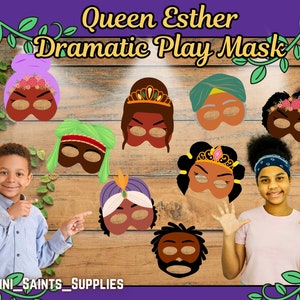 May include: A set of 8 printable play masks featuring characters from the story of Queen Esther. The masks are colorful and feature different facial expressions. The masks are perfect for use in a school play or for a fun activity at home.
