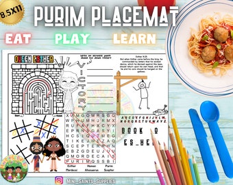 May include: A printable Purim placemat featuring a maze, a word search, a noughts and crosses game, and a hangman game. The placemat is decorated with a colourful illustration of Queen Esther and Haman. The text "Eat, Play, Learn" is at the top of the placemat.
