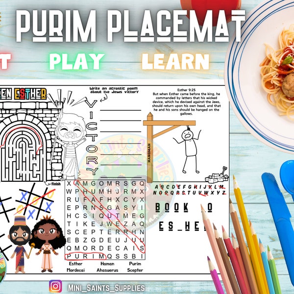 Book of Esther Purim Feast Day Placemats Seder Kids Activity Placemat Kids Dinner Activity Bible Activity Hebrew Israelite Sabbath Worksheet